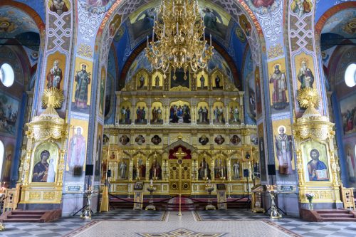 Interior with icons in Russian orthodox cathedral. Valaam monast