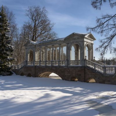 Marble bridge on the shore of a Large pond in the Catherine Park