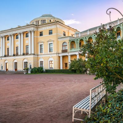 Palace in Pavlovsk  in St. Petersburg and a bench