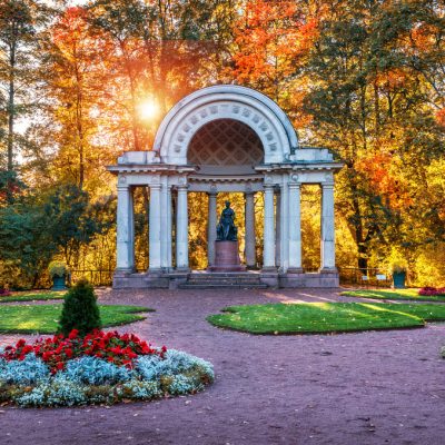 flowers and the monument to Maria Fedorovna in Pavlovsk  in St.