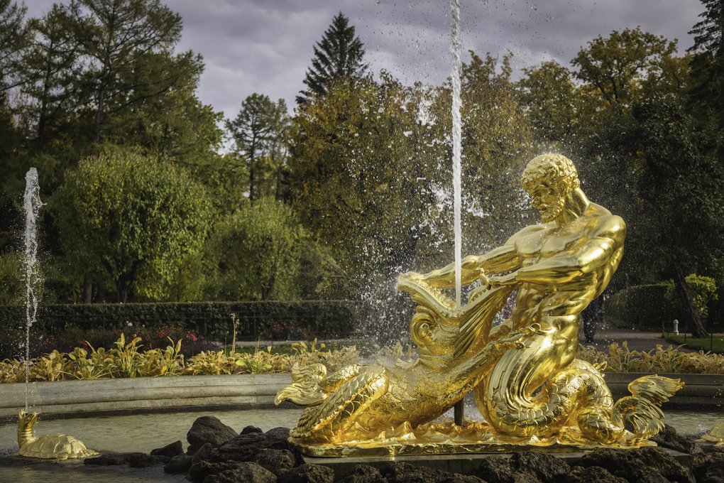 Saint Petersburg. Russia - 09.28.2021: Triton Fountain near the Greenhouse