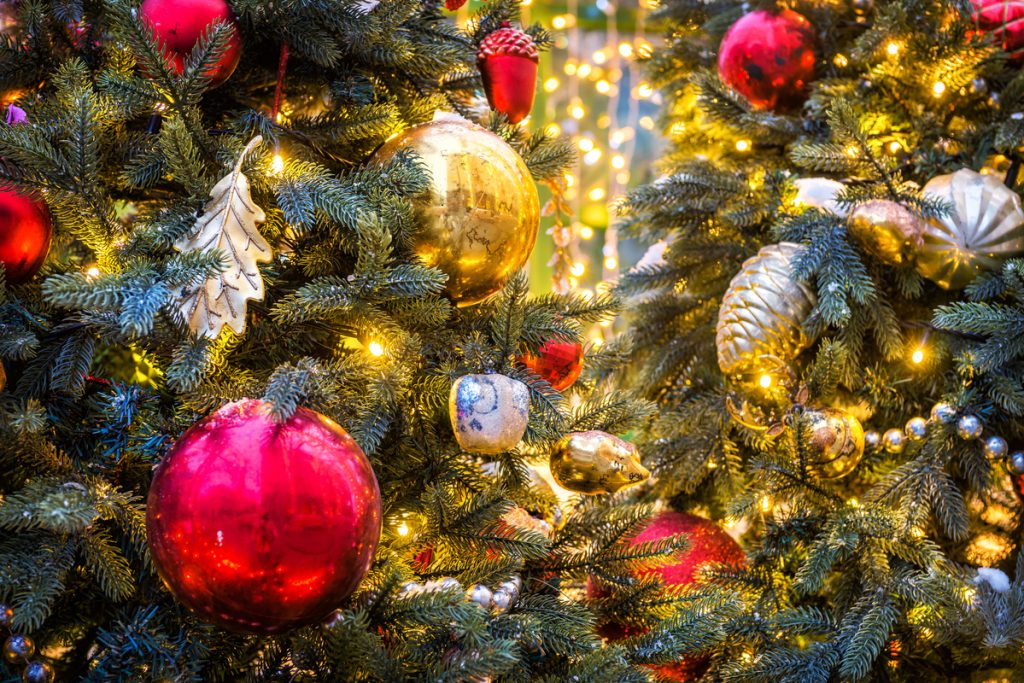 New Year and red balls on a green Christmas tree, Moscow