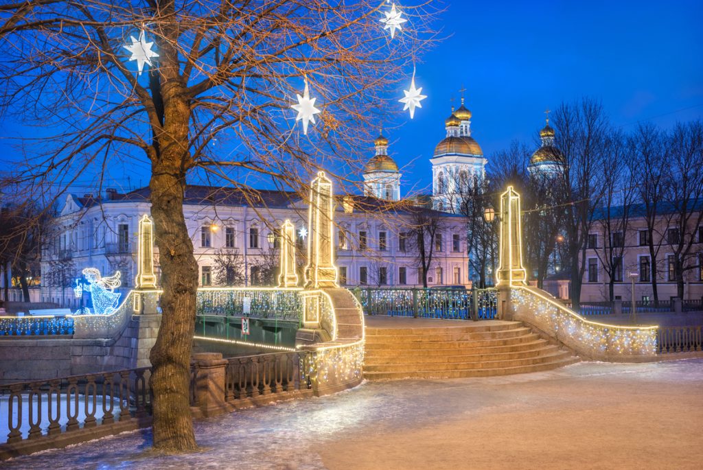 Nikolsky Naval Cathedral and festive stars on a tree in St. Pete