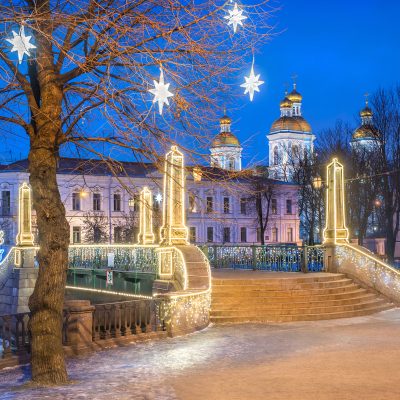 Nikolsky Naval Cathedral and festive stars on a tree in St. Pete