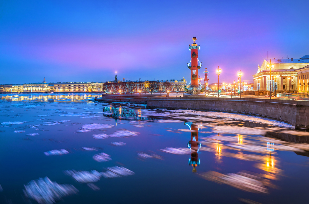 Rostral columns on the Strelka of Vasilyevsky Island  in St. Pe