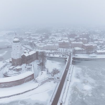 Aerial view of winter snowy Vyborg. Historic city center