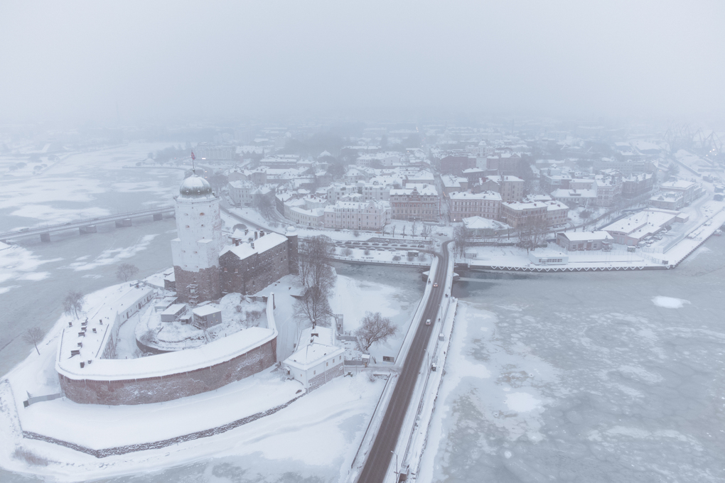 Aerial view of winter snowy Vyborg. Historic city center