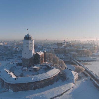 Ancient Vyborg castle in winter. Aerial view