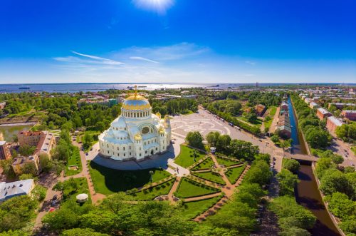 Beautiful top view of Kronshtadt Naval Cathedral of St. Nicholas on a sunny summer day. Built in 1903-1913 as the main church of Russian Navy and dedicated to all fallen seamen. St Petersburg Russia.