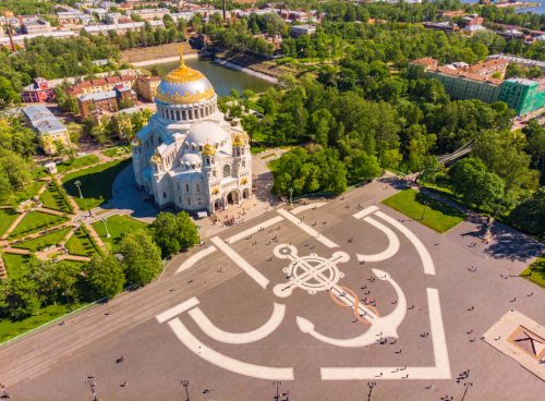 Beautiful top view of Kronshtadt Naval Cathedral of St. Nicholas on a sunny summer day. Built in 1903-1913 as the main church of Russian Navy and dedicated to all fallen seamen. St Petersburg Russia.