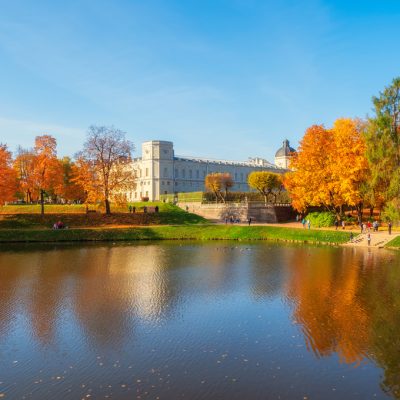 Bright autumn landscape with State Museum Reserve Gatchina. Sunn