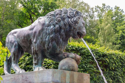 Bronze statue of lion. Fragment of fountain Lion's cascade in Lo