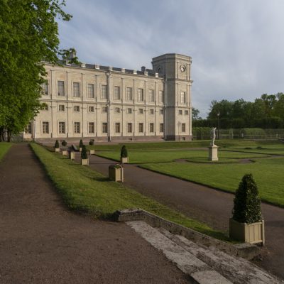 Lower Dutch Garden of Gatchina Park and Gatchina palace on a sun