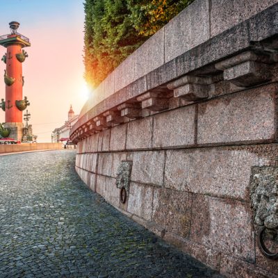 Rostral column and granite lions in St. Petersburg