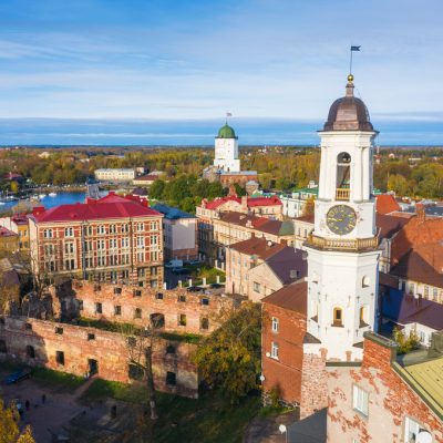 Vyborg, Russia - October 17, 2020: The city of Vyborg the top view. The clock tower is a landmark.