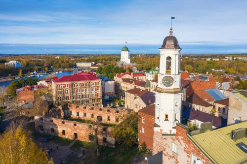 Vyborg, Russia - October 17, 2020: The city of Vyborg the top view. The clock tower is a landmark.