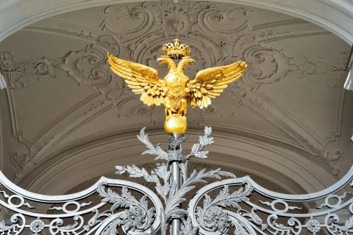 Two headed eagle at gate Winter Palace Saint Petersburg Russia