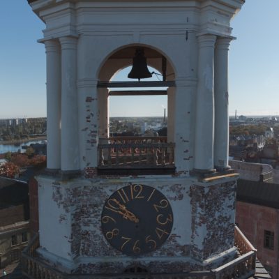 Vyborg, Russia - October 8, 2022: View of the observation deck of the old clock tower in Vyborg.