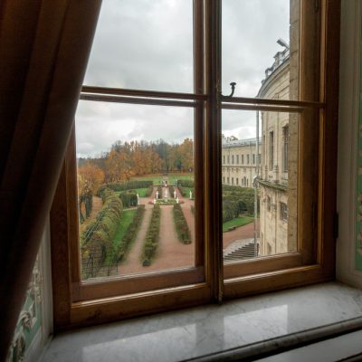 Window view from palace in Gatchina, near St. Petersburg in Russ