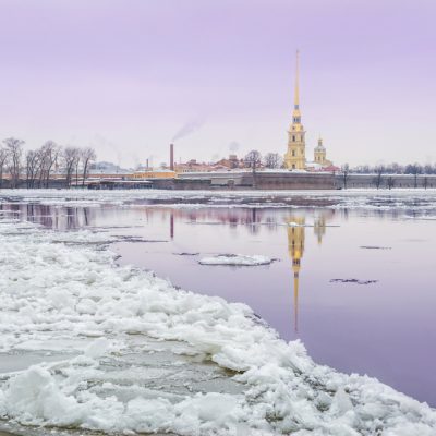 Winter landscape of the Neva-river with a view of the Peter and