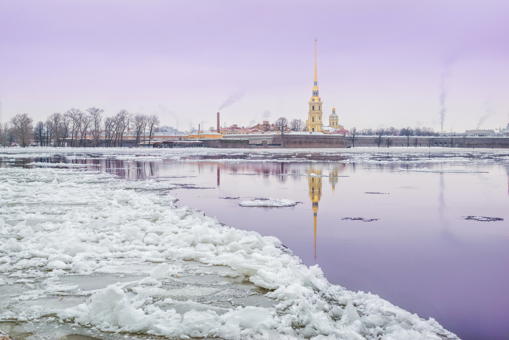 Winter landscape of the Neva-river with a view of the Peter and