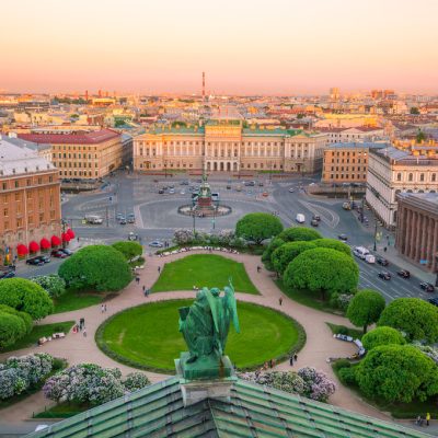 Evening view from the colonnade of the Saint Isaac's Cathedral.