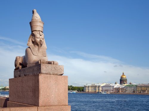 Granite Egypt sphinx on the Neva River embankment.