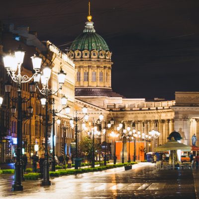 Kazan Cathedral and Nevsky Prospect at night lights old houses Saint Petersburg