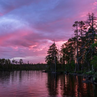 Red sunset and sunrise over the forest and lake  during the whit