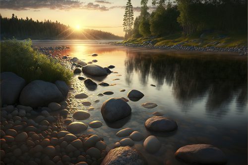 river-with-rocks-sunset-background
