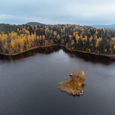 The autumn forest and lakes from above. The Ruskeala Park view from the drone