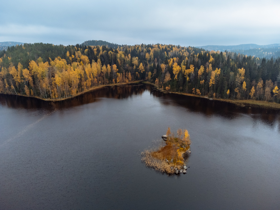 The autumn forest and lakes from above. The Ruskeala Park view from the drone