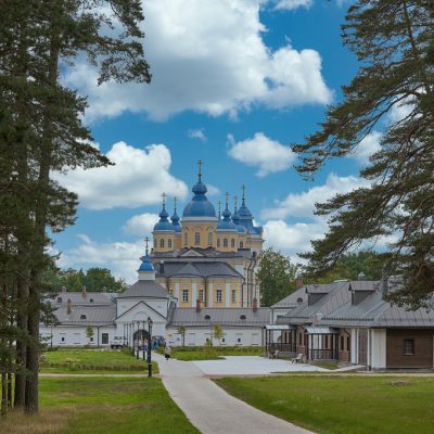 Orthodox church of the Konevets monastery, view from the forest road