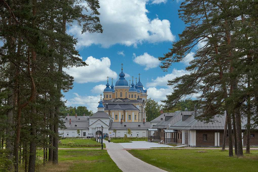 Orthodox church of the Konevets monastery, view from the forest road