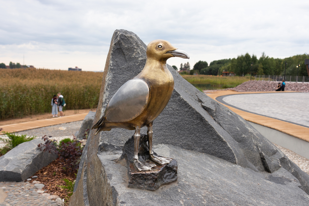 Seagull statue close-up in Military Historical Park Island of Forts - Russia, Saint Petersburg, Kronshtadt, August 2021