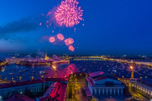 Festive salute over the Peter and Paul Fortress in a significant Victory Day for the country on May 9, improbable quantity of ships observes a show, an eternal flame of memory burns on rostral colons