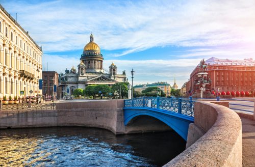 The blue bridge and the St. Isaac's Cathedral Admiralty Embankme