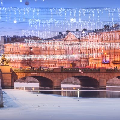 Anichkov bridge over the Fontanka river and New Year decorations