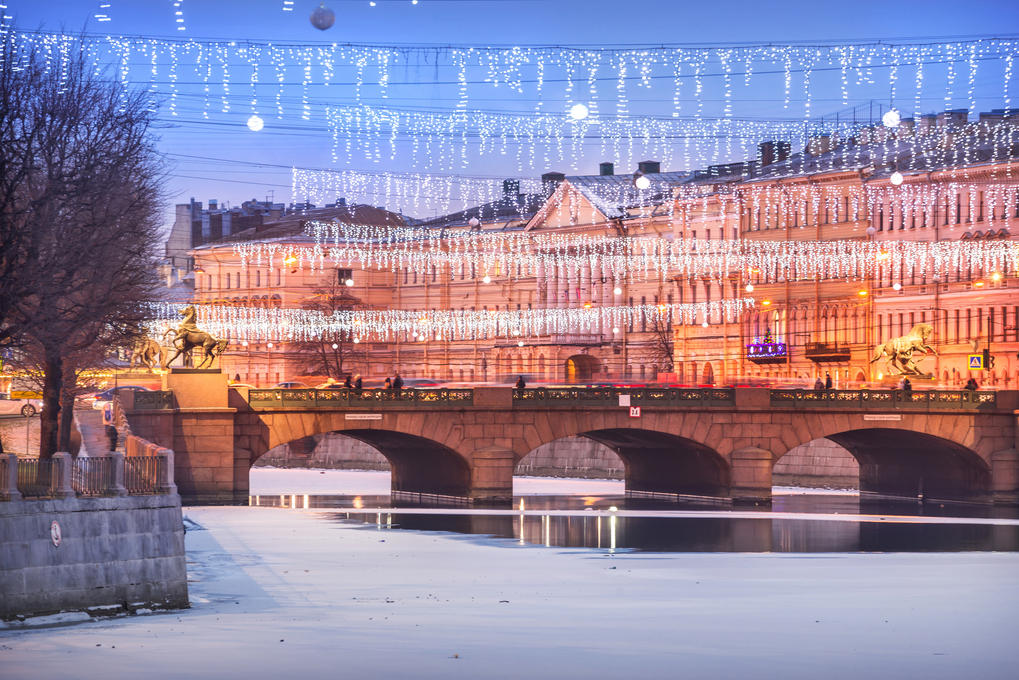 Anichkov bridge over the Fontanka river and New Year decorations