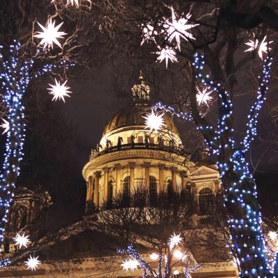 trees in the park near the cathedral illuminated with Christmas garlands and stars at night