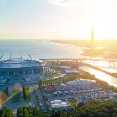 View from the drone of the round football stadium  in the sunshine