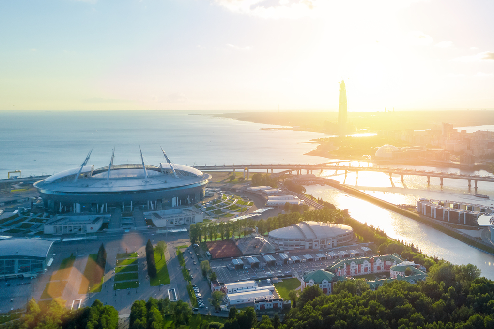 View from the drone of the round football stadium  in the sunshine